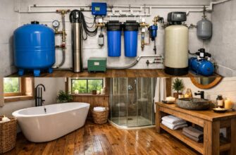 Автономное водоснабжение и деревянный пол в ванной частного дома