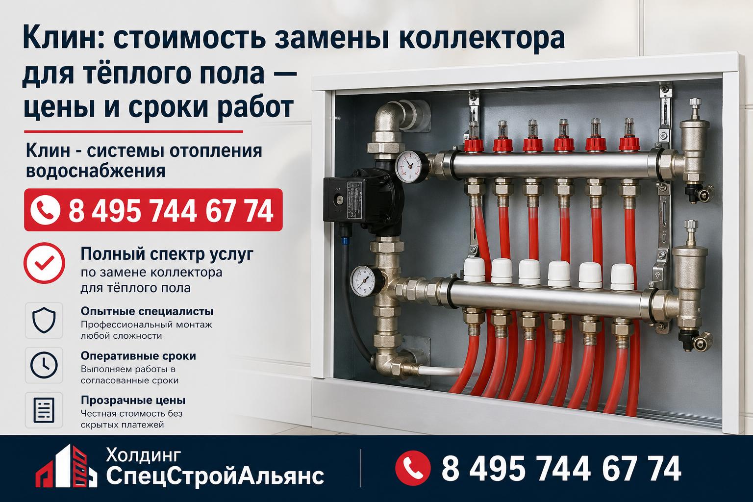 Клин - системы отопления водоснабжения 8 495 744 67 74: полный спектр услуг по замене коллектора для тёплого пола