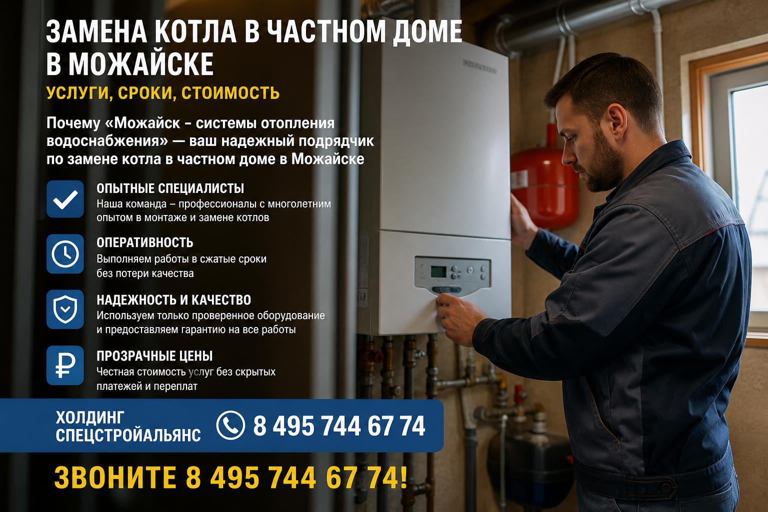 Почему «Можайск - системы отопления водоснабжения» — ваш надежный подрядчик по замене котла в частном доме в Можайске, звоните 8 495 744 67 74! Почему «Можайск - системы отопления водоснабжения» — ваш надежный подрядчик по замене котла в частном доме в Можайске, звоните 8 495 744 67 74!