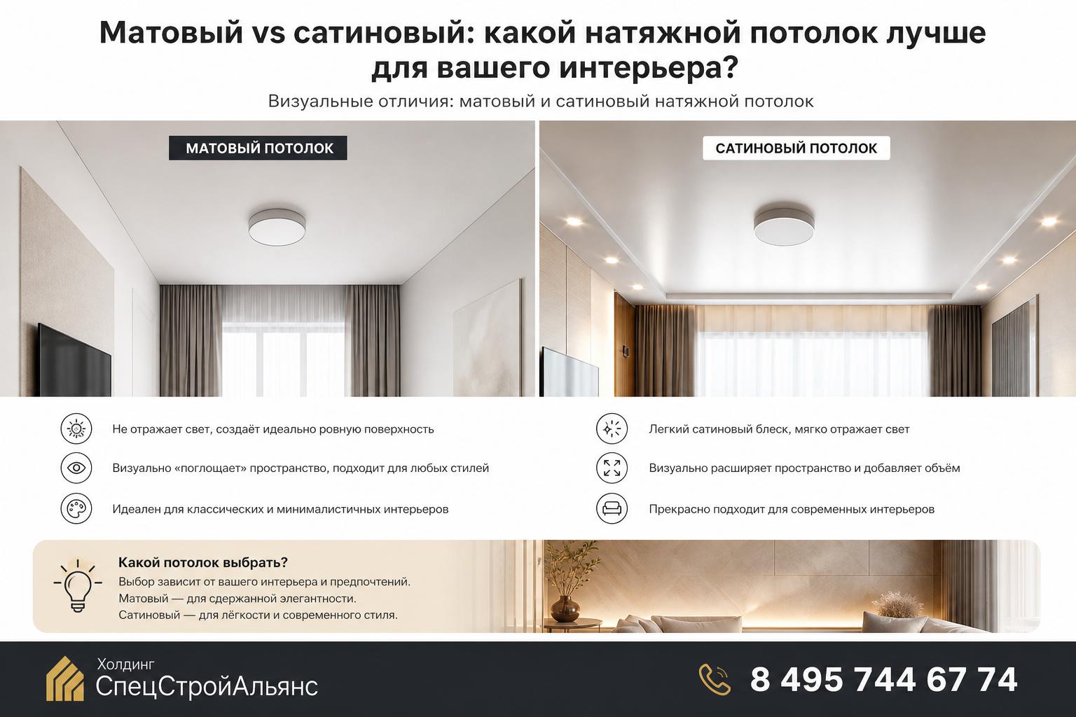 Визуальные отличия: матовый и сатиновый натяжной потолок Визуальные отличия: матовый и сатиновый натяжной потолок