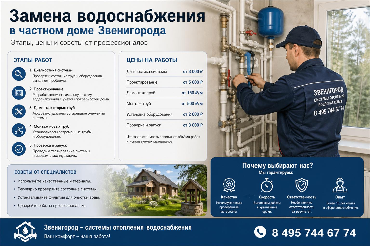 Почему выбрать замену водоснабжения в частном доме с «Звенигород - системы отопления водоснабжения 8 495 744 67 74» — качество, скорость, ответственность
