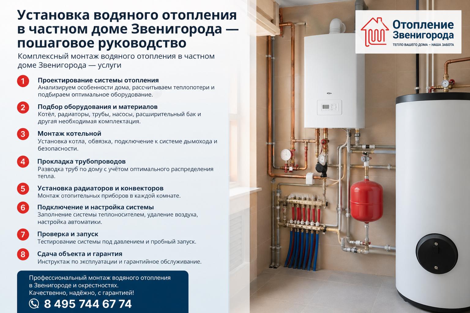 Комплексный монтаж водяного отопления в частном доме Звенигорода — услуги