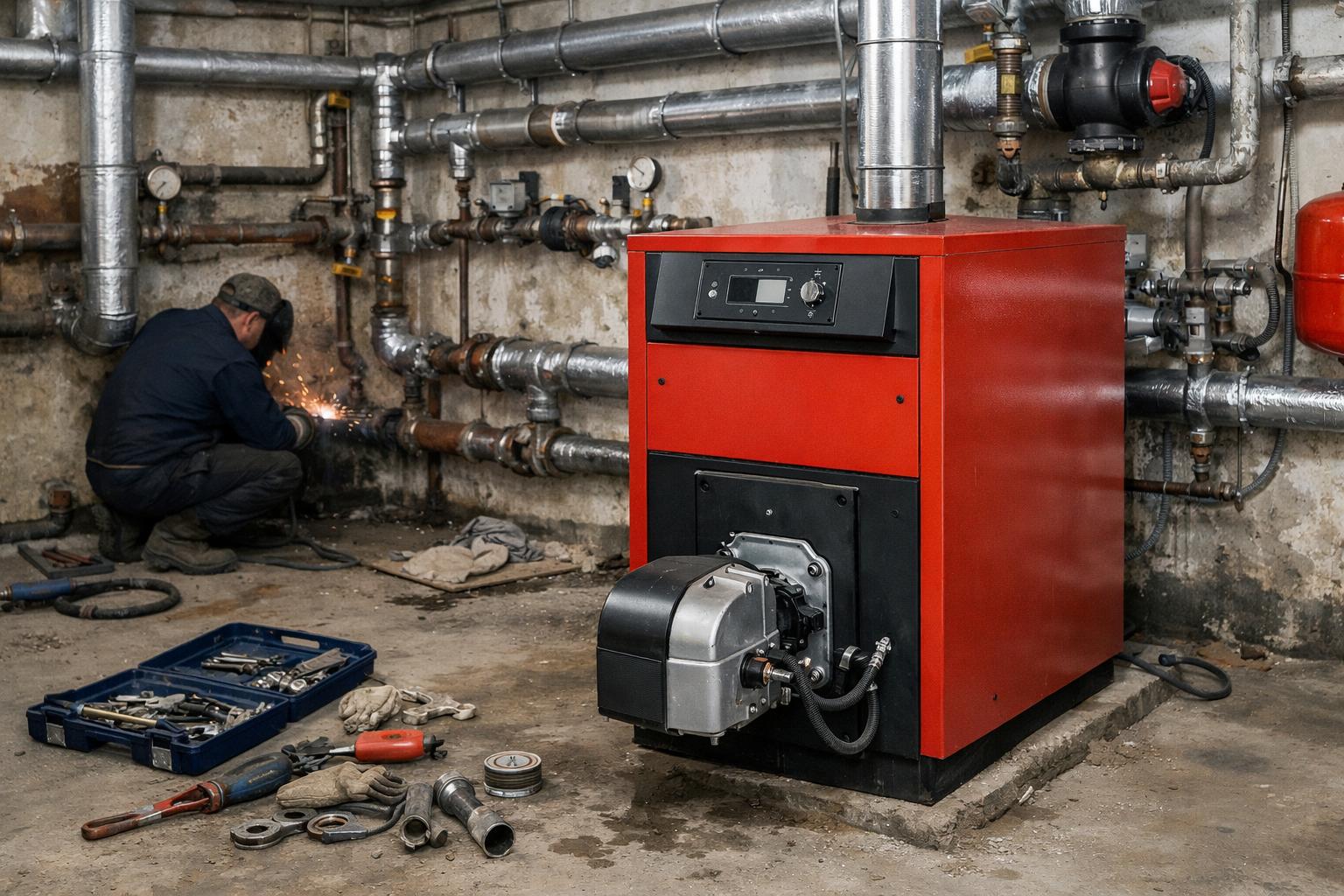 Ремонт труб котельной: напольный дизельный котел