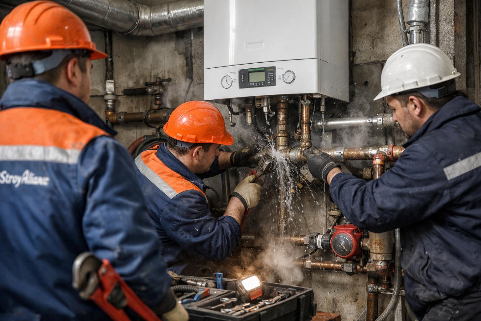 Экстренный Ремонт труб котельной: настенный водяной котел — выезд бригады ООО Холдинг СпецСтройАльянс 24/7