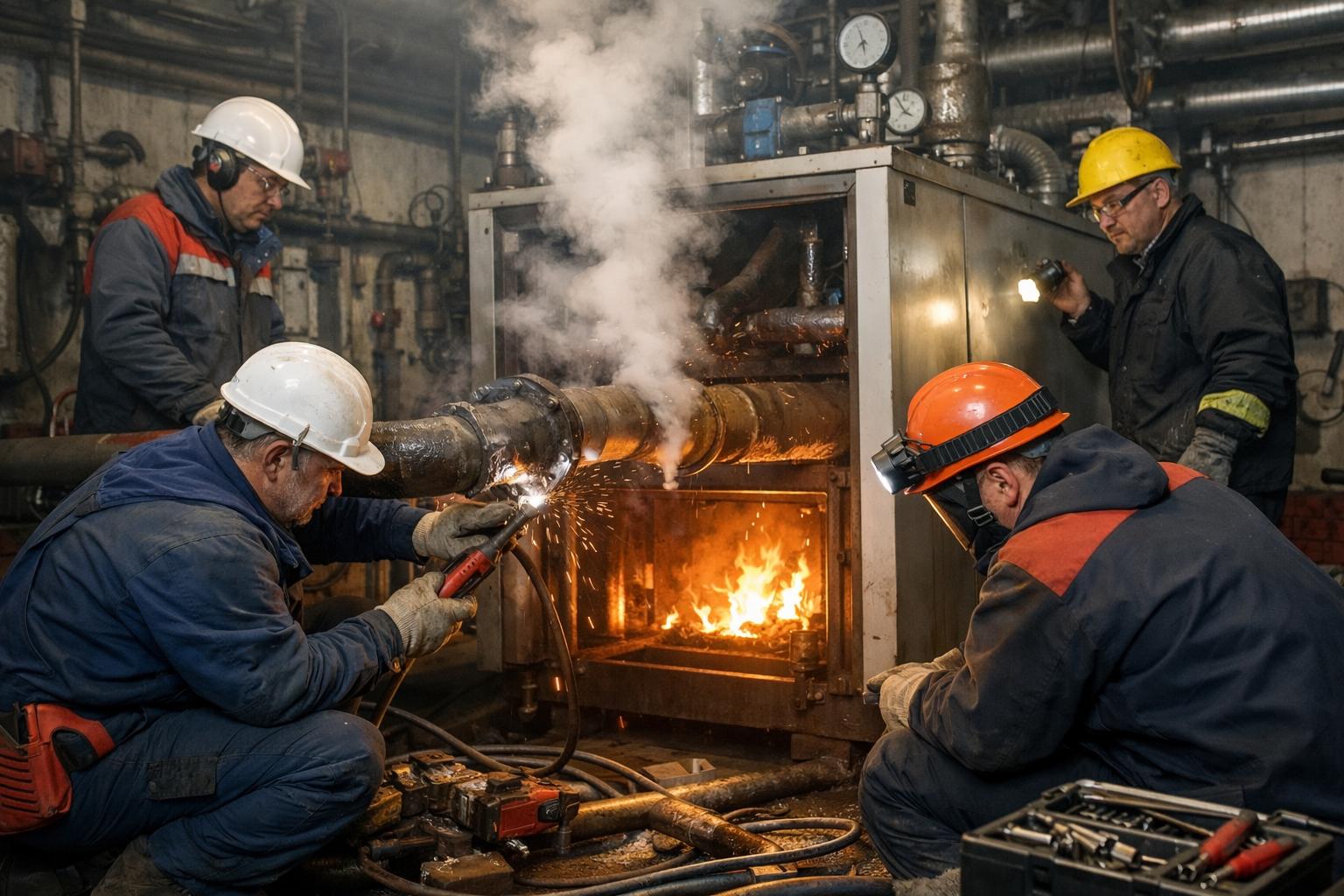 Критическая важность ремонта труб котельной: напольный паровой котел под контролем специалистов Критическая важность ремонта труб котельной: напольный паровой котел под контролем специалистов