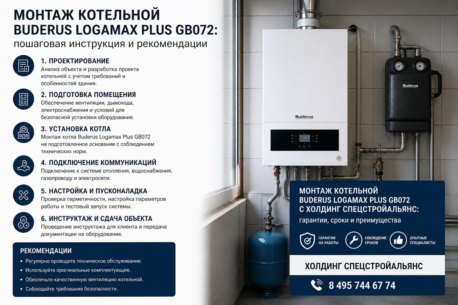 Монтаж котельной Buderus Logamax Plus GB072 с Холдинг СпецСтройАльянс: гарантии, сроки и преимущества