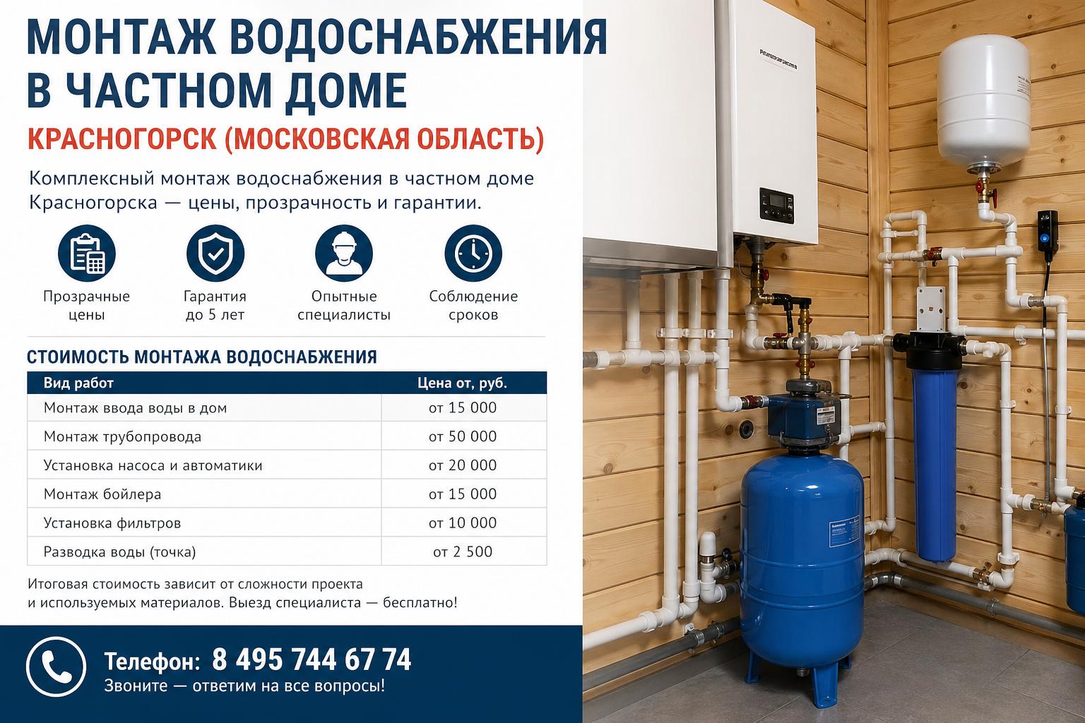 Комплексный монтаж водоснабжения в частном доме Красногорска — цены, прозрачность и гарантии