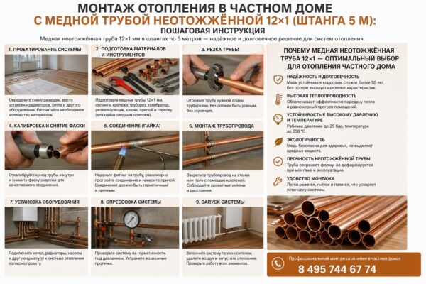 Монтаж отопления в частном доме с медной трубой неотожжённой 12×1 (штанга 5 м)