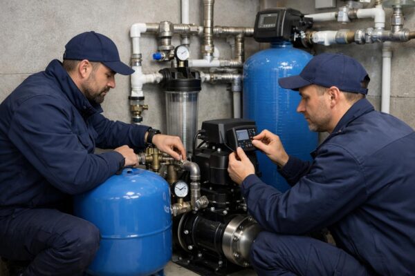 Специалисты регулируют основное оборудование частного водоснабжения