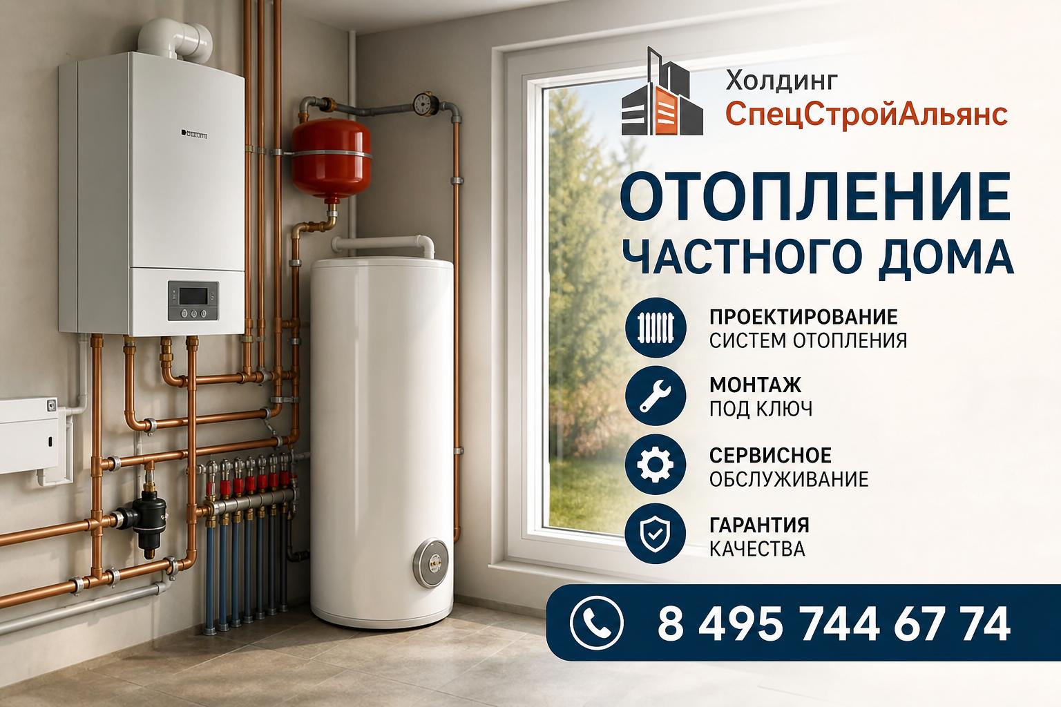 Отопление частного дома. Указать название организации Холдинг СпецСтройАльянс и номер телефона 8 495 744 67 74фото