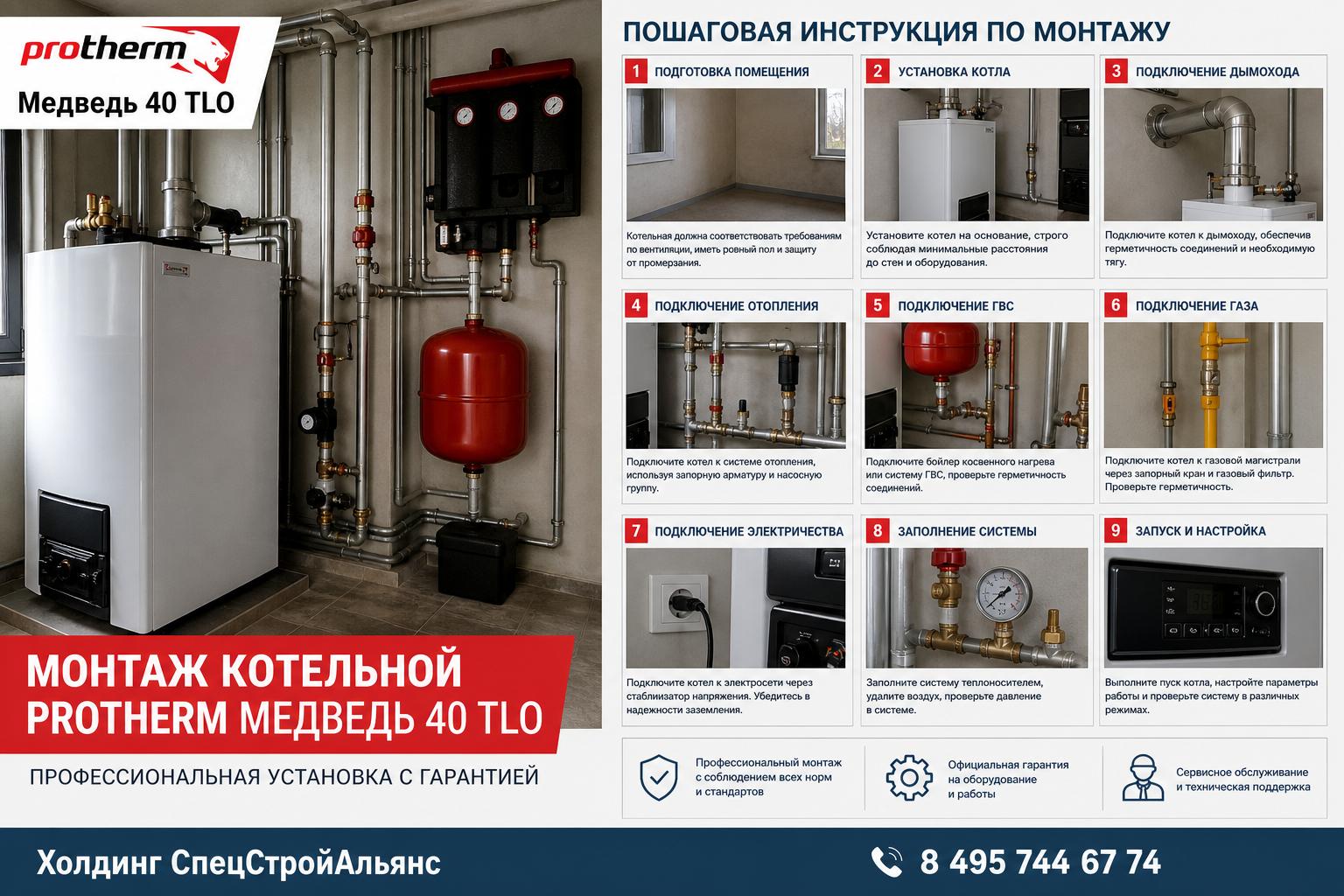 Монтаж котельной Protherm Медведь 40 TLO — профессиональная установка с гарантией