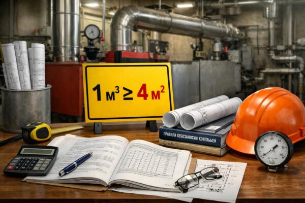 Сколько м² площади приходится на 1 м³ свободного объёма котельной?