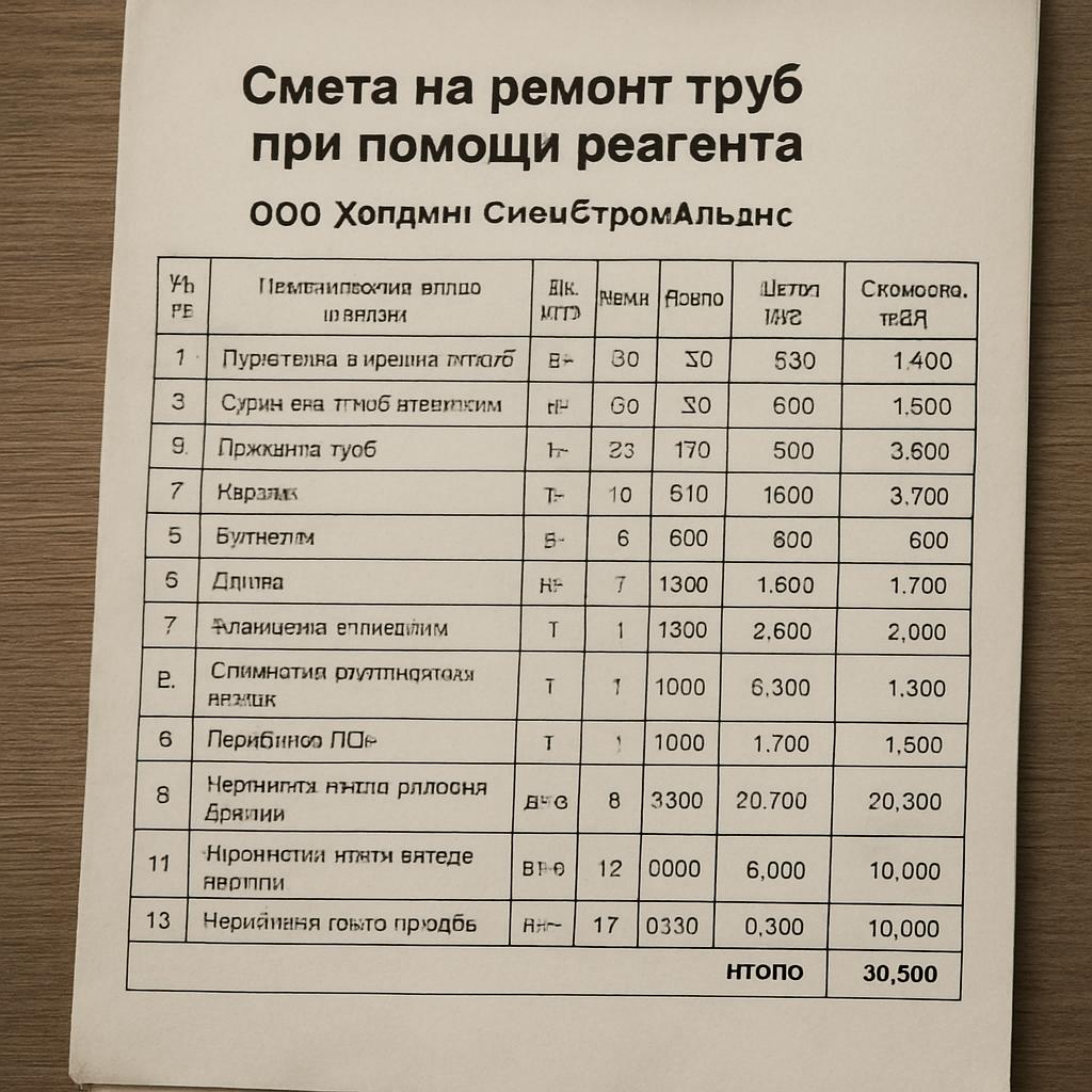 Пример: смета на ремонт труб при помощи реагента — типовой расчёт от ООО Холдинг СпецСтройАльянс Пример: смета на ремонт труб при помощи реагента — типовой расчёт от ООО Холдинг СпецСтройАльянс