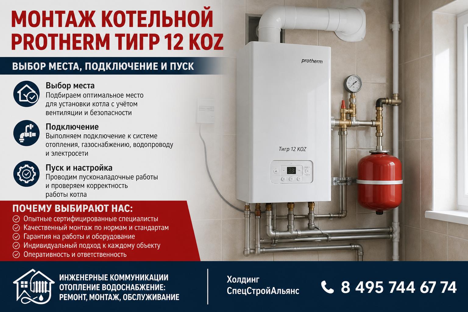 Почему выбирают нас: профессиональный монтаж котельной Protherm Тигр 12 KOZ от «Инженерные коммуникации отопление водоснабжение: ремонт, монтаж, обслуживание» Почему выбирают нас: профессиональный монтаж котельной Protherm Тигр 12 KOZ от «Инженерные коммуникации отопление водоснабжение: ремонт, монтаж, обслуживание»