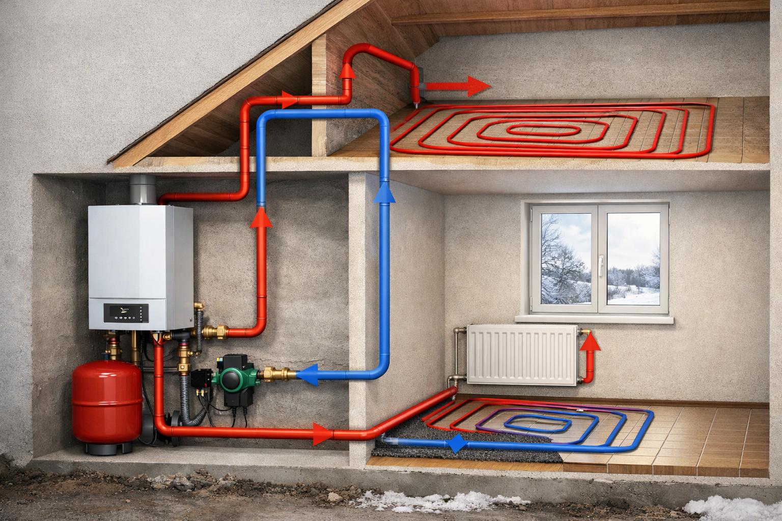 отопление Принцип работы – по замкнутому контуру циркулирует теплоноситель.