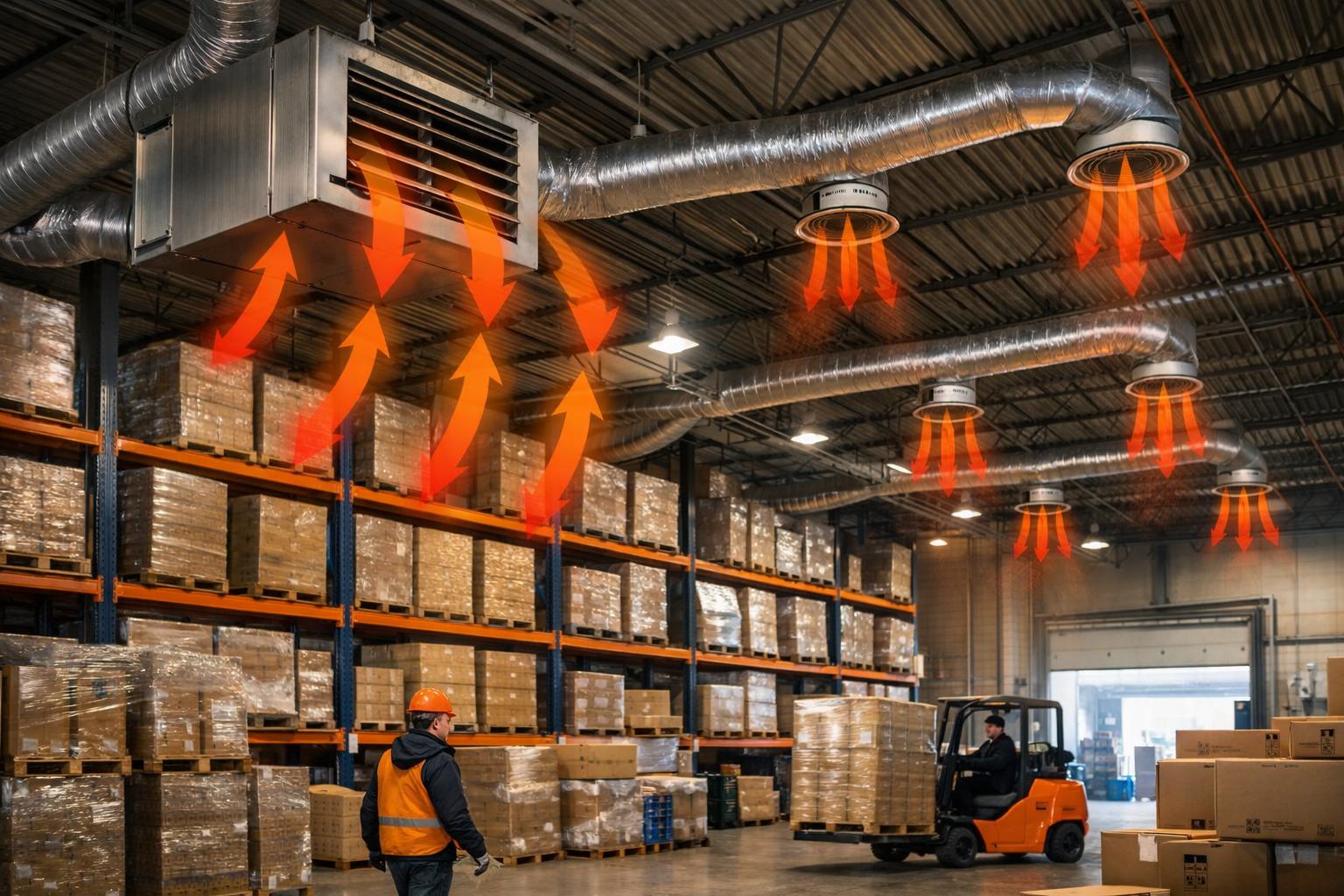 Преимущества воздушных систем отопления склада — быстрое тепло и экономия затрат