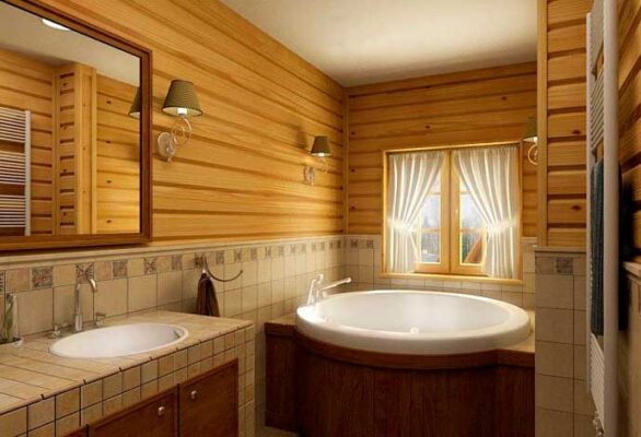 Ванная комната в частном загородном доме из дерева