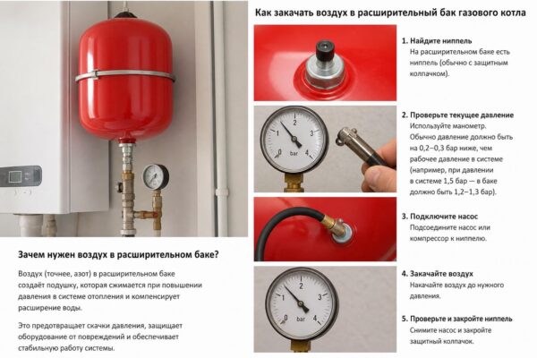 Как закачать воздух в расширительный бак газового котла