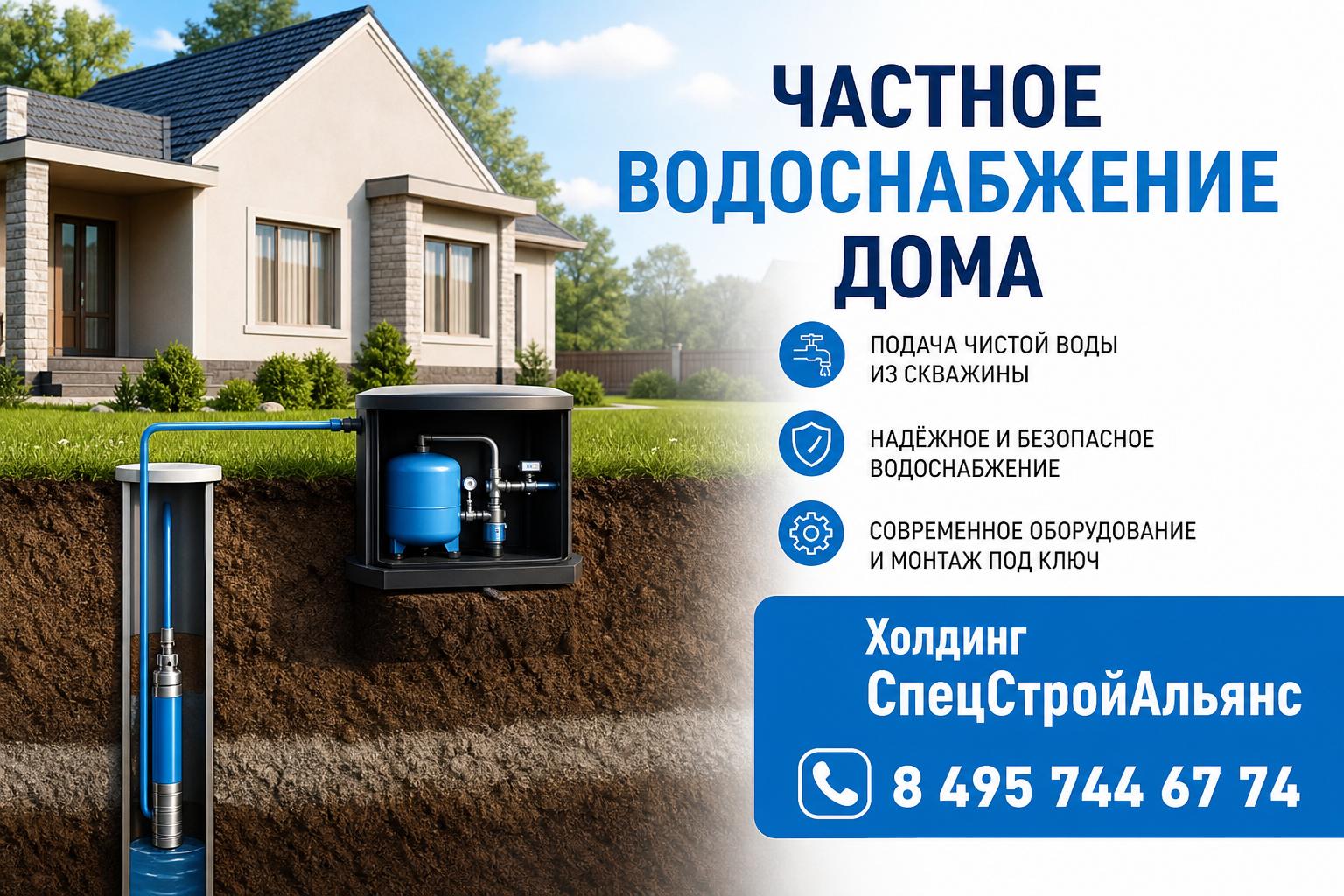 Частное водоснабжение дома. Указать название организации Холдинг СпецСтройАльянс и номер телефона 8 495 744 67 74фото