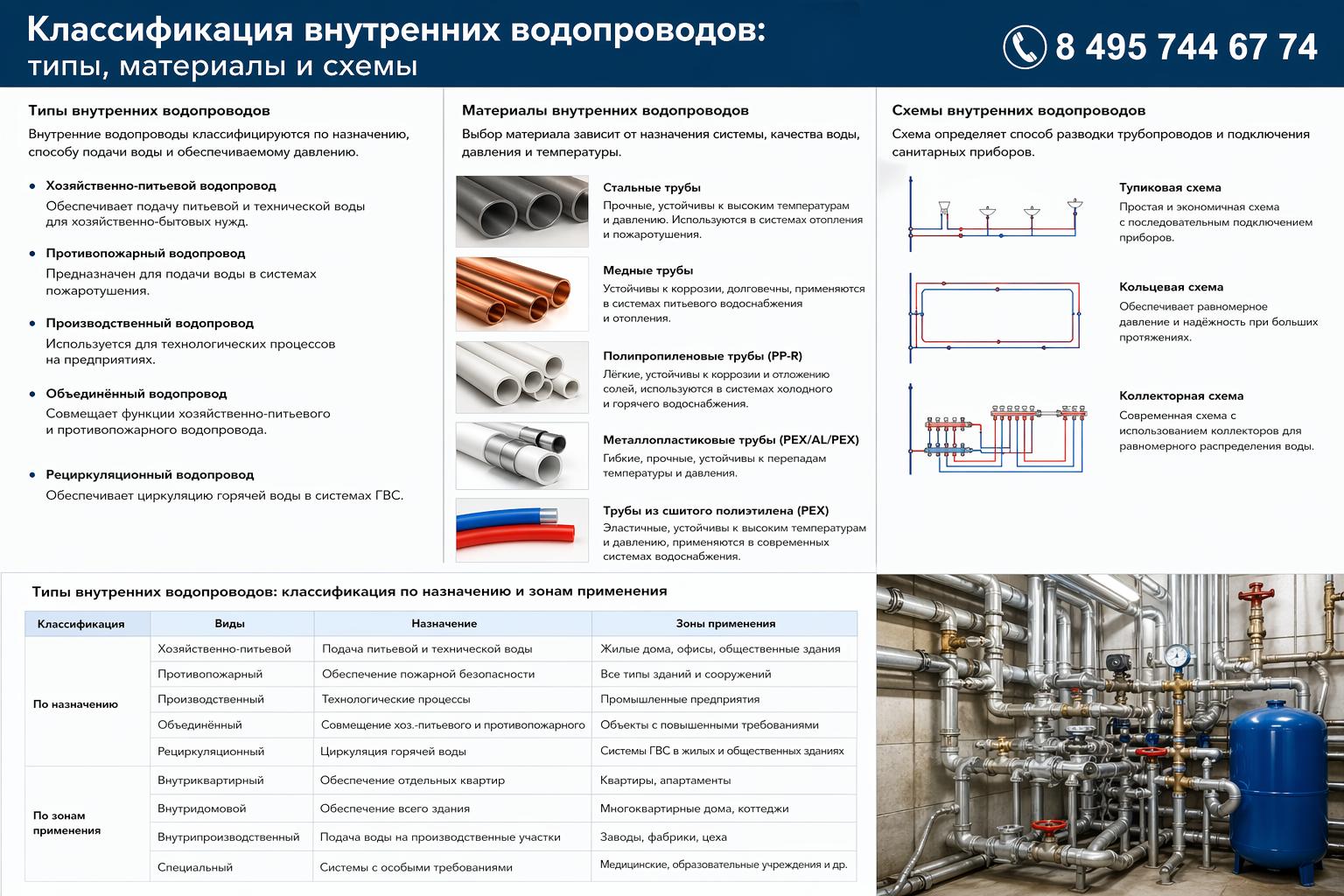 Типы внутренних водопроводов: классификация по назначению и зонам применения