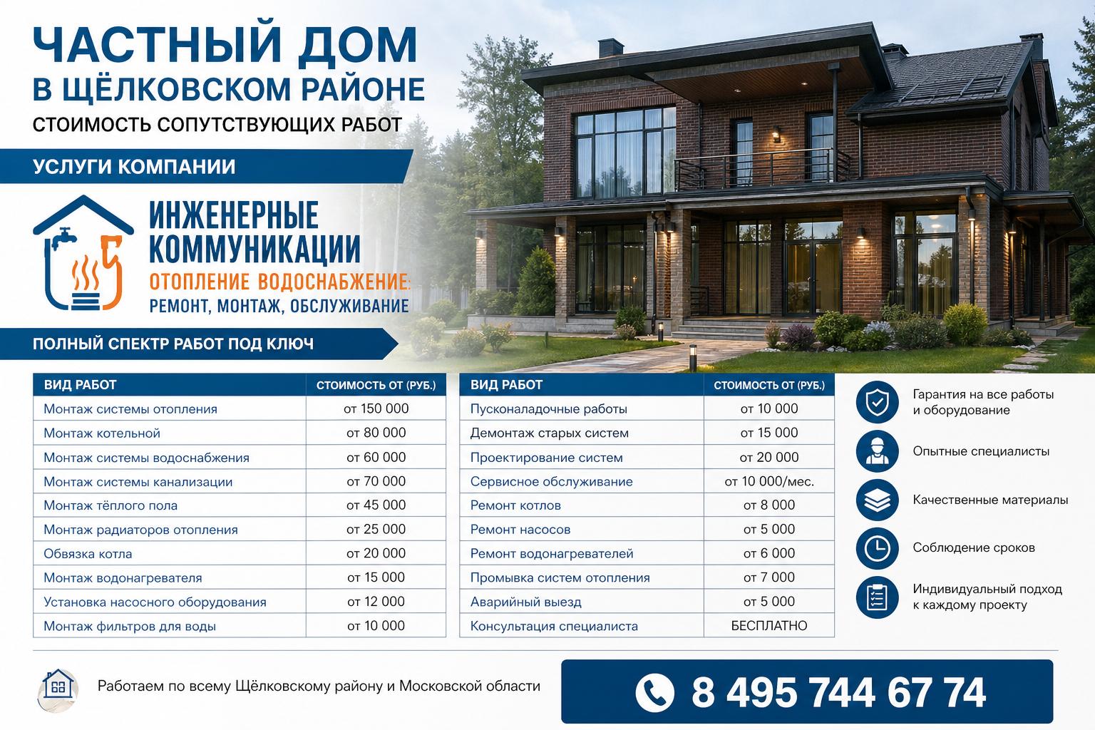 Услуги компании «Инженерные коммуникации отопление водоснабжение: ремонт, монтаж, обслуживание» для частного дома в Щёлковском районе — полный спектр работ под ключ