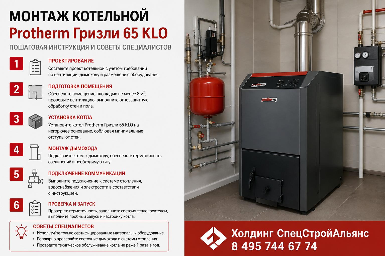 Пошаговый план монтажа котельной Protherm Гризли 65 KLO Пошаговый план монтажа котельной Protherm Гризли 65 KLO